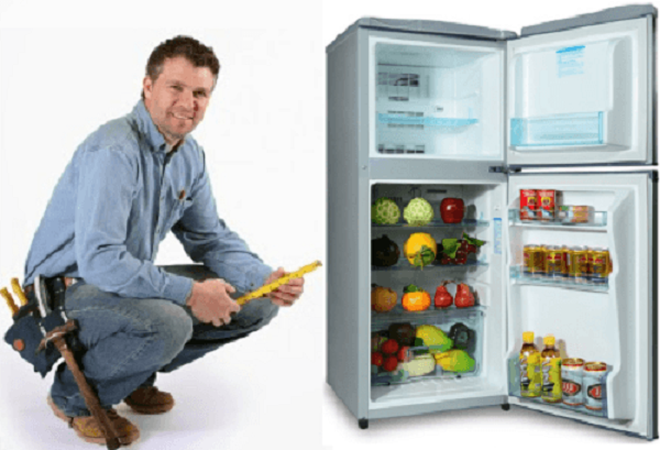 A person standing in front of a refrigerator Description automatically generated